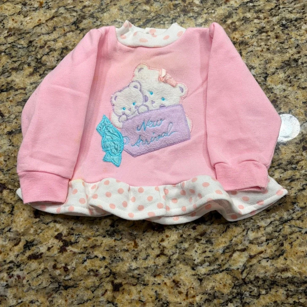 Vintage Lovespun Baby Pink New Arrival Bear Ruffle Top 6-9 Months Polka Dot